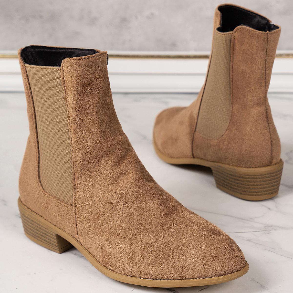 

Европейские, американские и внешнеторговые ботинки-рыцари средней длины на толстом каблуке с острым носком и боковой молнией из замши для женщин большого размера в британском стиле 42 хаки