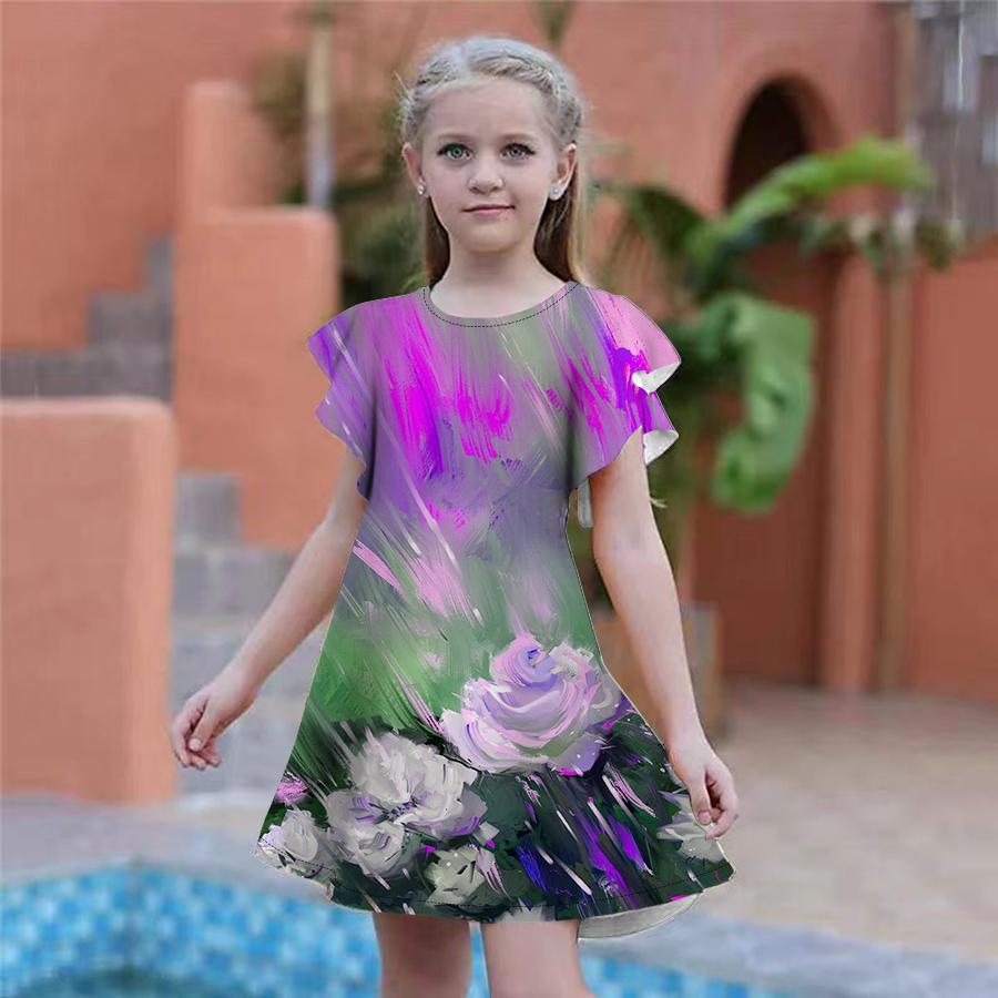 Girls Green Graffiti Rose Print Dresses Kids Girl Party Dress Loose Fitting Loose Fitting Short Sleeved Skirt For Girls Over Four Years Old