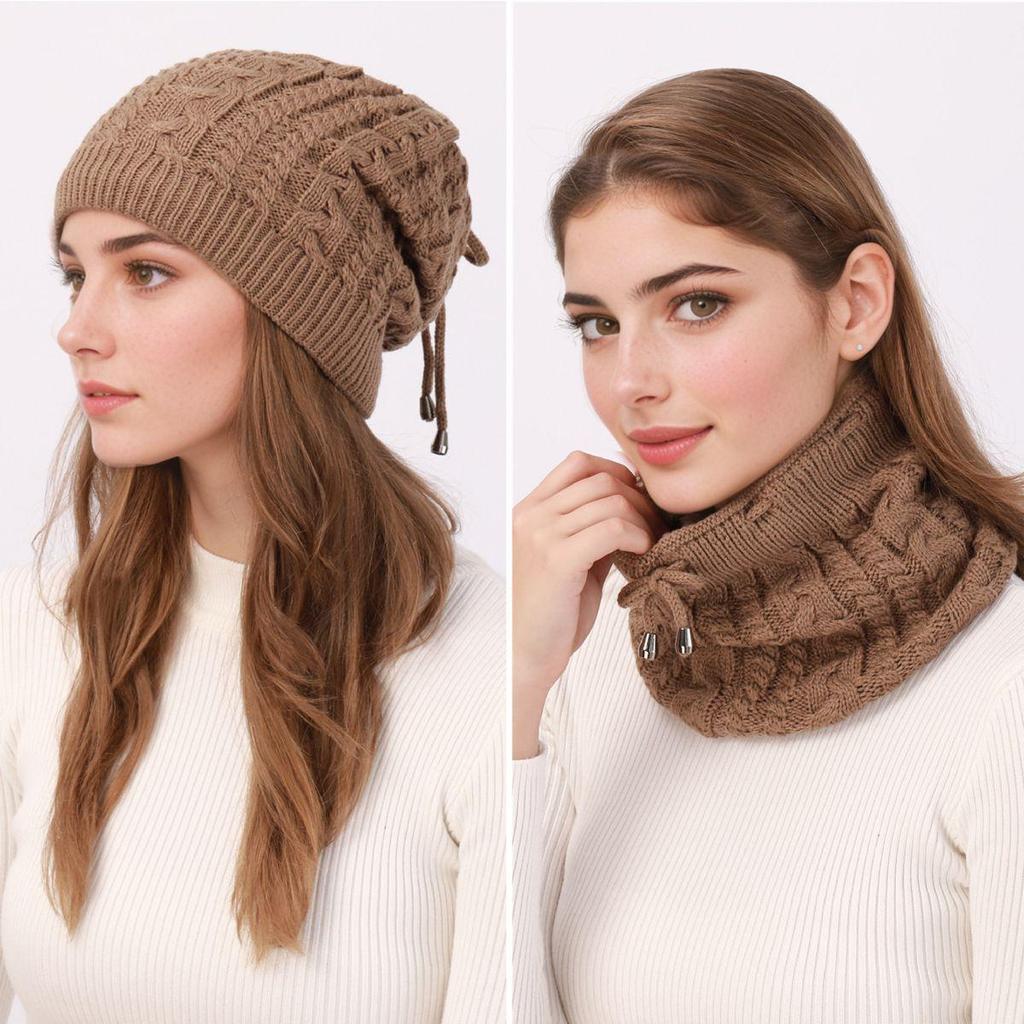 Europäischer & Amerikanischer Herbst/Winter Warmer Nackenwärmer mit Kordelzug - Doppelt tragbare Strickmütze mit Zopföffnung für Damen