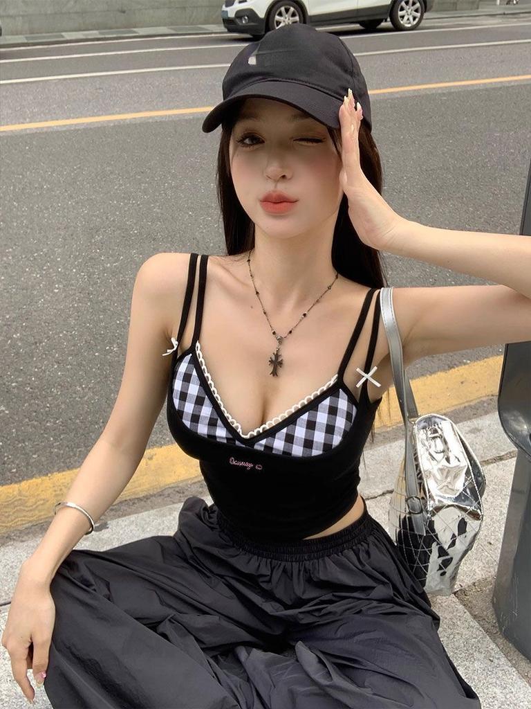 Summer 2000s Outwear Lace Plaid Corset Vest Two Pieces Hot Girls Sweet Spicy Slim Y2k Crop Top Casual Korean Fashion Camis Chic