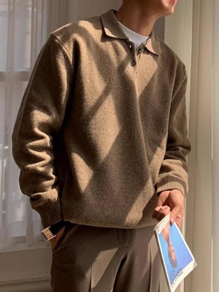 Suéter Polo Masculino de Alta Qualidade Estilo Coreano Cor Sólida - Tricô Casual Tendência com Gola para Outono