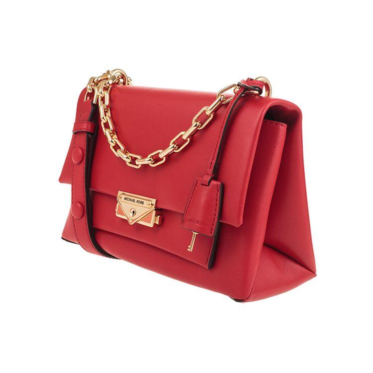 Michael Kors Cece Gold Buckle Flap Commuter Solid Color Chain Leather Crossbody Shoulder Bag Medium Women Bags Red 30S9G0EL2L-BRIGHT-RED