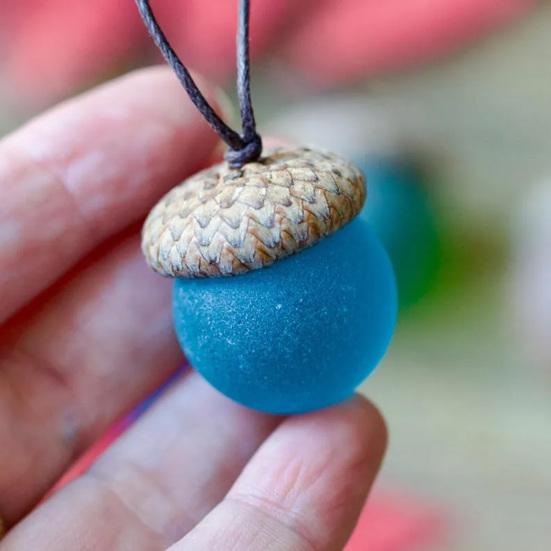 5Pcs Acorn Pendant Sea Glass Handmade Ornament with Natural Acorn Caps Small Nature Hanging