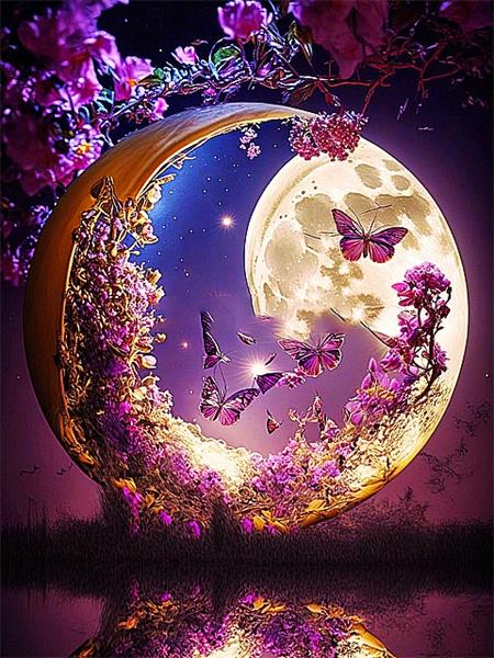 Full Square Round Diamond Painting New Moon Flower Decor Home Embroidery Mosaic Fantasy Butterfly Landscape Home Decor