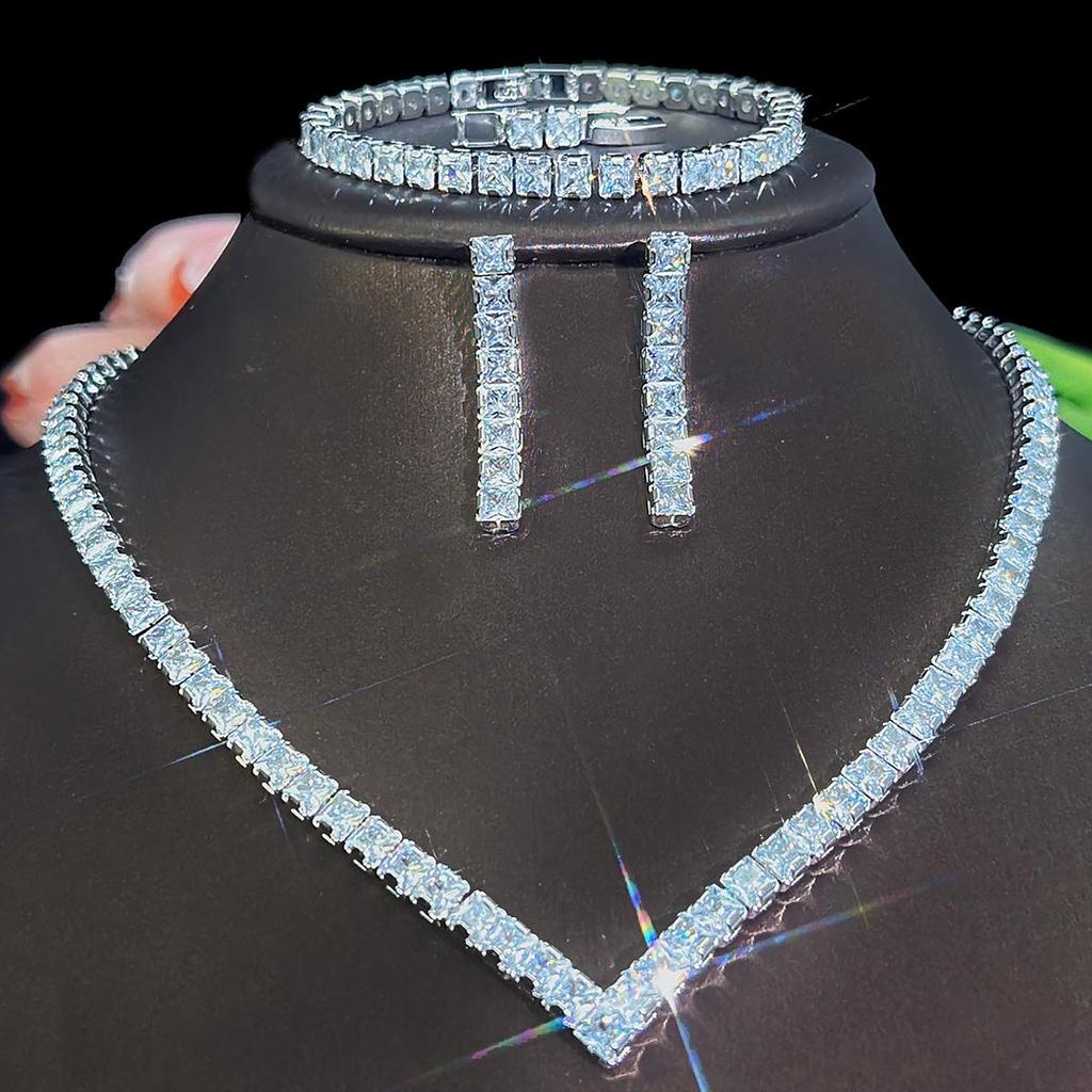 CMM 3 buc. Bijuterii de mireasă Dubai de înaltă calitate, cu incrustație pătrată AAA, cu zirconiu cubic, colier, cercei, set de brățări pentru femei