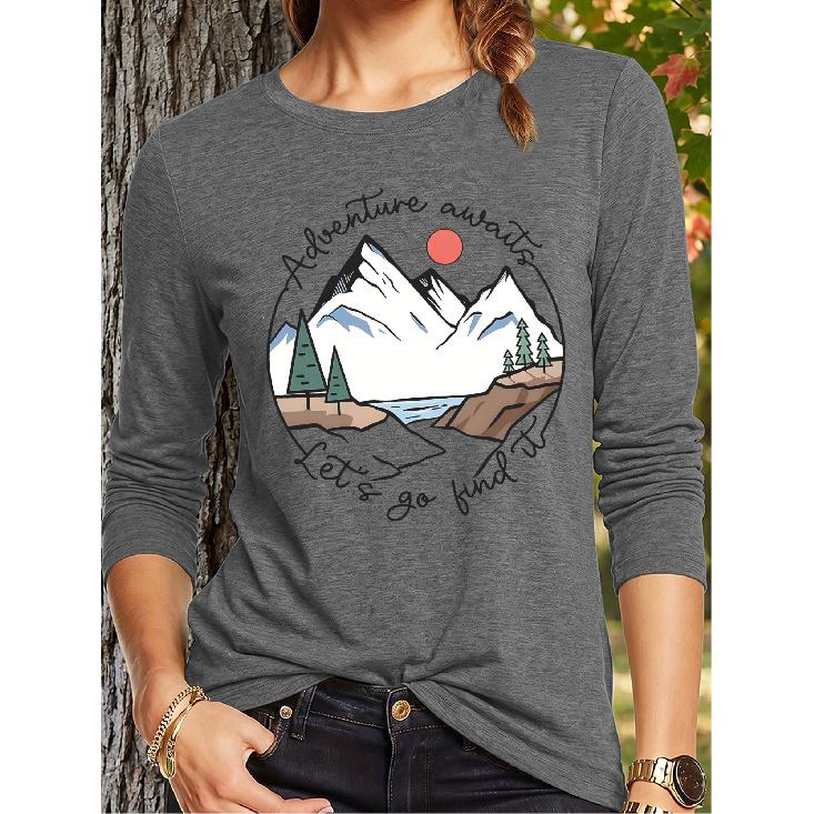 Women's Casual Sports Long-sleeve Shirt with Mountain Landscape Print, Round Badge, and Handwritten Slogan Adventure Awaits Let's Go Find