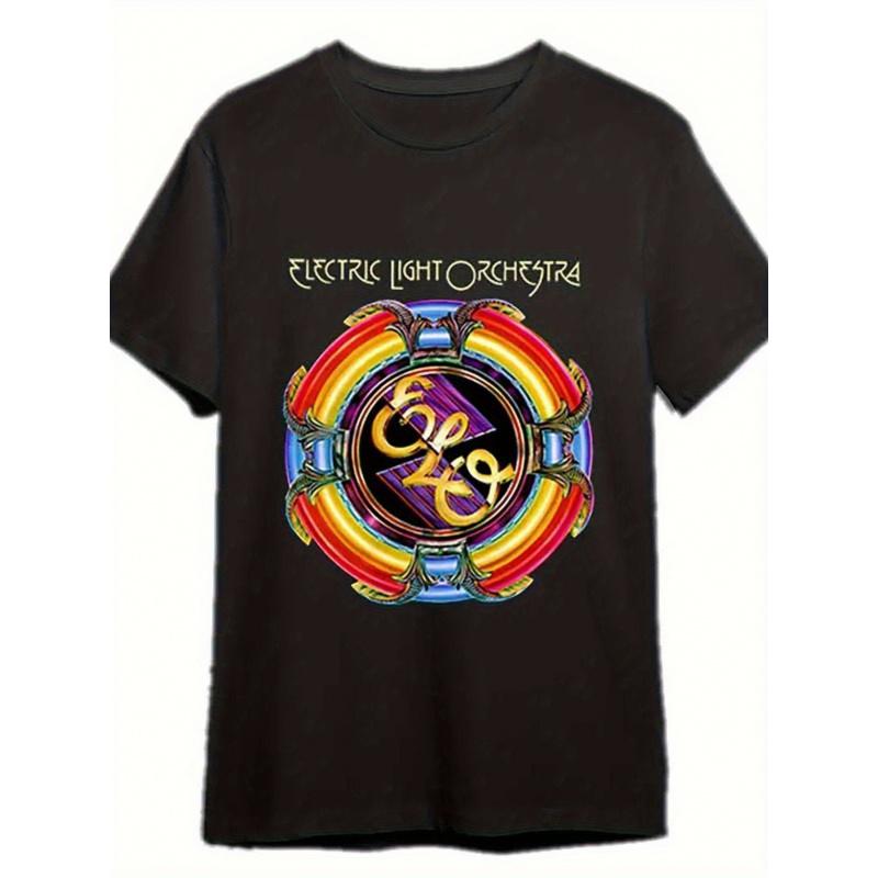 1pc Vintage ELO Official Band Logo & Rainbow Print T-Shirt - 70s 80s Retro Rock Tee, Iconic Iconic ELO Logo & Rainbow Design, Unisex Soft Breathable