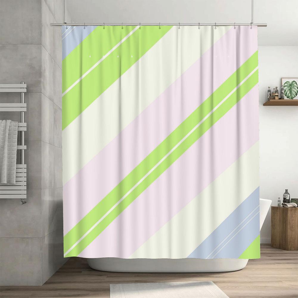 Modern Bath Shower Curtain Set: Soft Pastel Green Pink Striped Waterproof Fabric Decorative Bathroom Closures Blue Color Availab