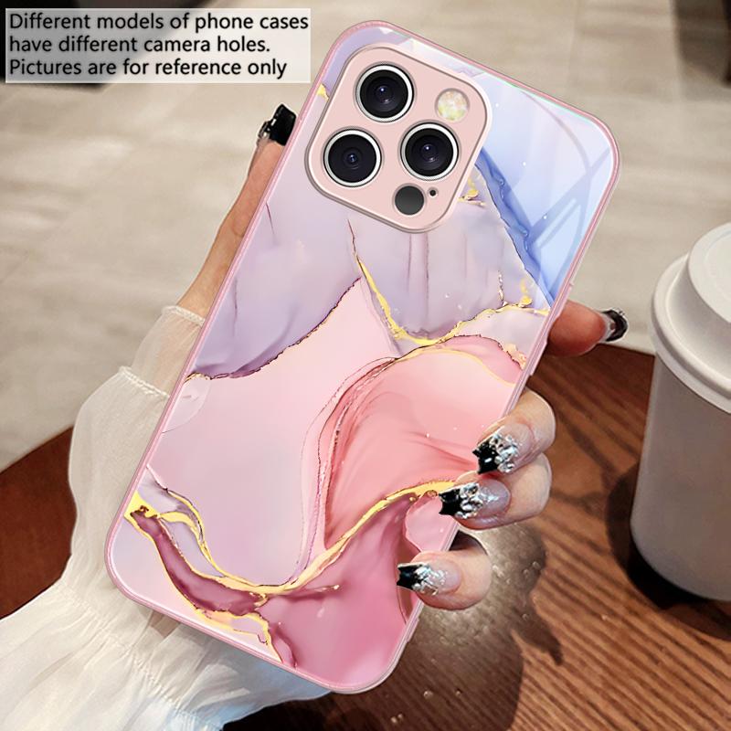 Pink Marble Pattern Black For IPhone 16 Pro Max 15 Pro 14 13 12 Mini 11 XS M Ax XR 7 8 Plu SE 2022 Tempered Glass Phone Case