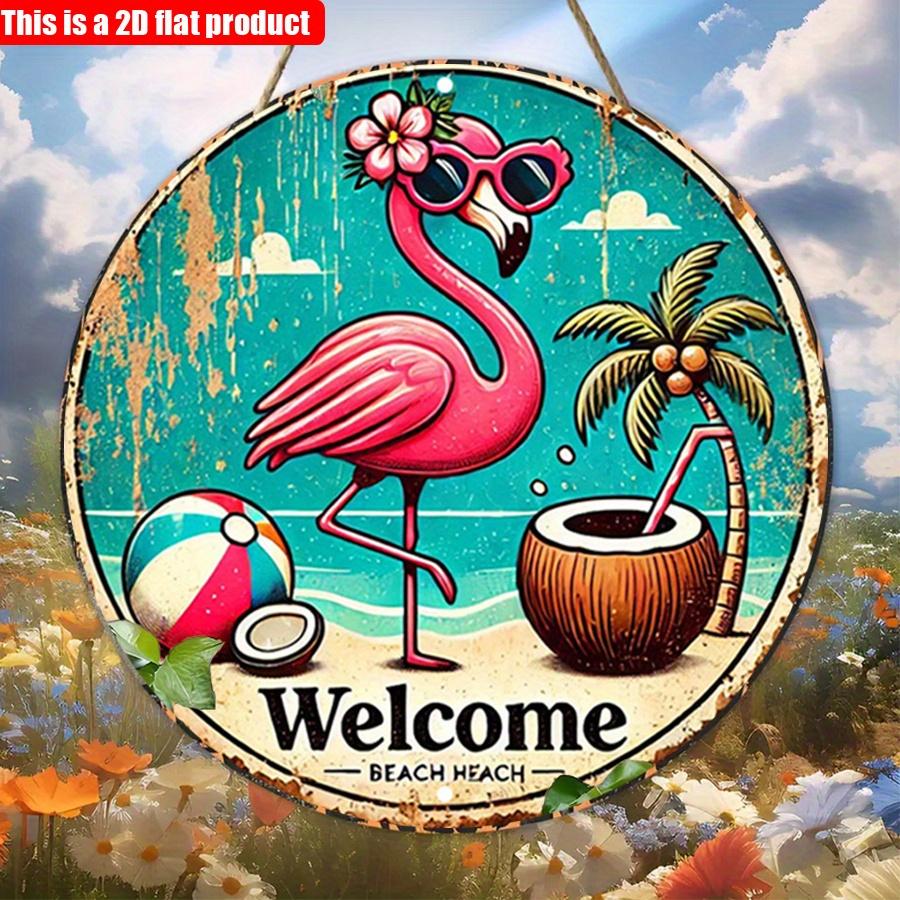 2D flat 20*20cm 1pc Welcome Beautiful Pink Flamingo&Coconut pattern Round Wooden Hanging Sign, tropical Beach style Welcome Art plaque, Suitable