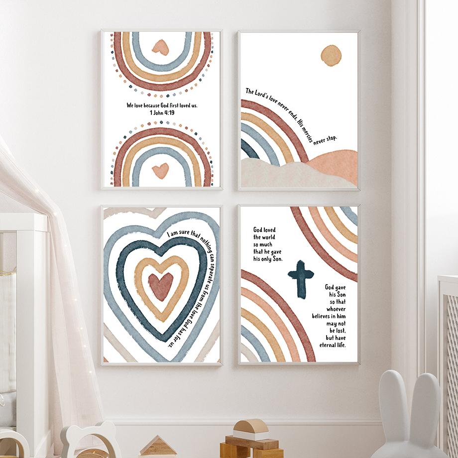 Hjärta Krona Regnbåge Christian Bible Nursery Nordiska affischer och tryck Väggkonst Canvasmålning Bilder Barnrum Kyrkandekoration