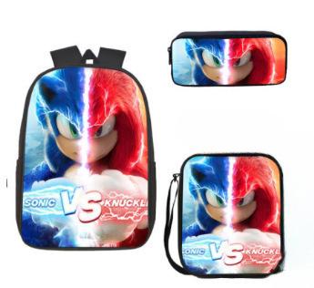 Cartoon Sonic Backpack, Primary And Secondary School Schoolbag, Messenger Bag, Pencil Case Three-Piece Set