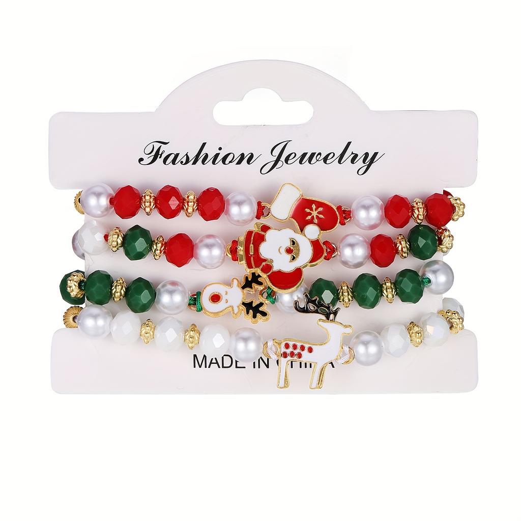 Set of 4 Christmas Charm Bracelets - Cute Holiday Santa Claus, Reindeer, Glove Pendants, Suitable for Daily Wear