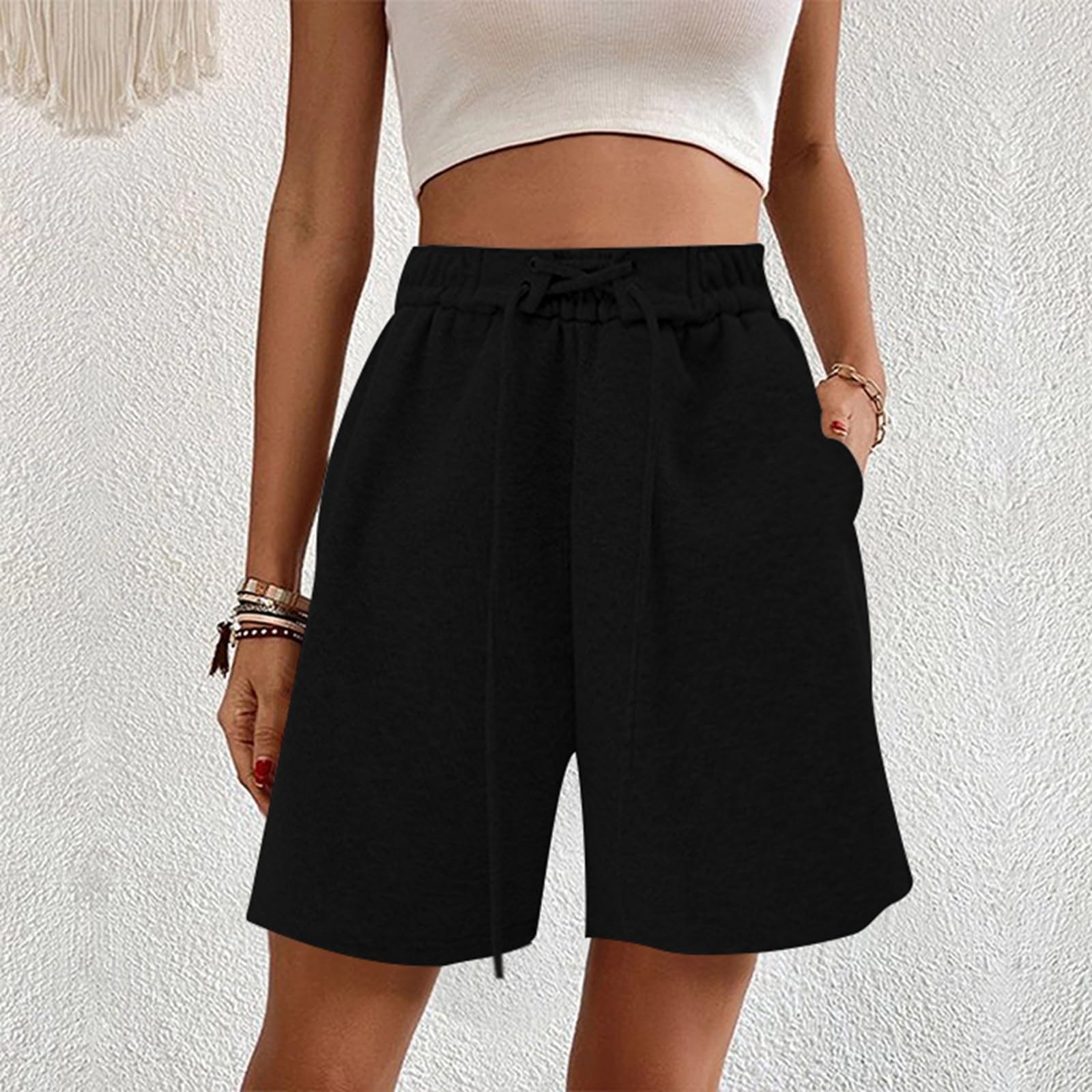 Women s Casual Wide-Leg High-Waisted Slimming Lightweight Drawstring Shorts L