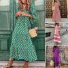 Women V-neck 3/4 Puff Sleeves Maxi Dress Bohemia Floral Print Stitching Flow Hem Loose Fit Beach Long Dress Casual Sundress