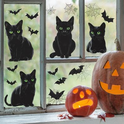 Halloween Cartoon Schwarze Katze Fledermaus Spinnennetz Glasfenster Heimdekoration Statische Fensteraufkleber