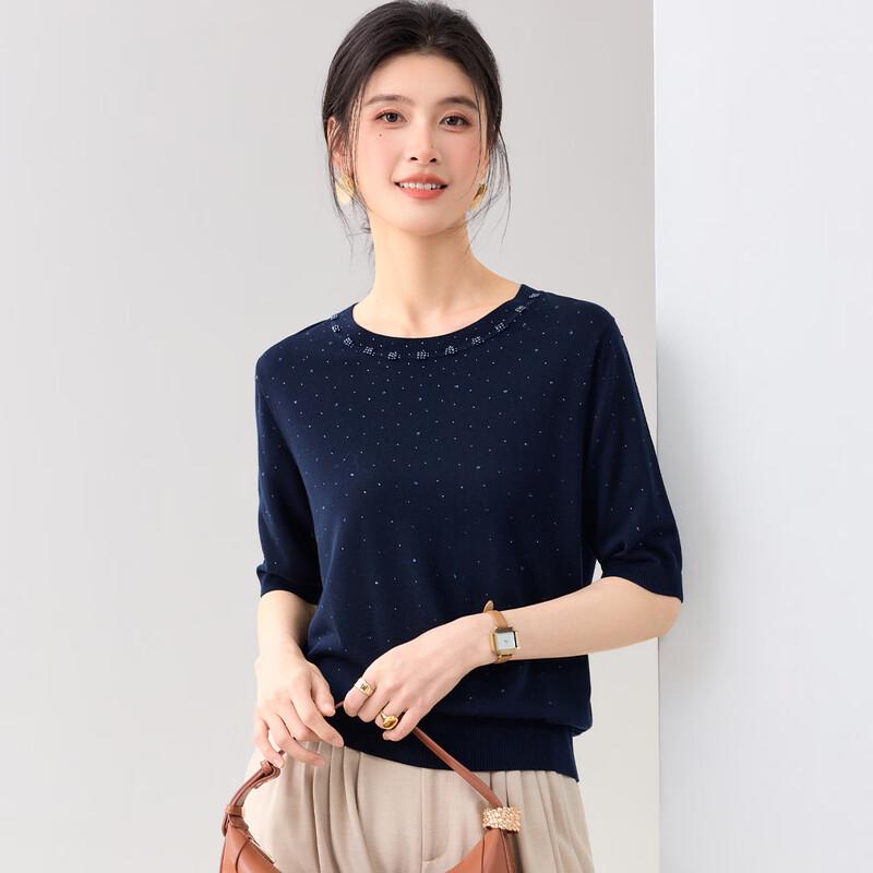 Elegant Shimmer Round Neck Short Sleeve Knit T-Shirt M