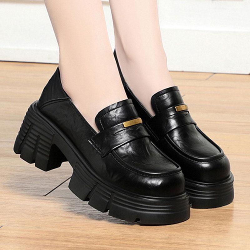 Fashion Comfortable Thick-Soled Leather Shoes Spring Autumn New Round-Toe Women's Shoes Versatile With British Style Thick Heel Loafers