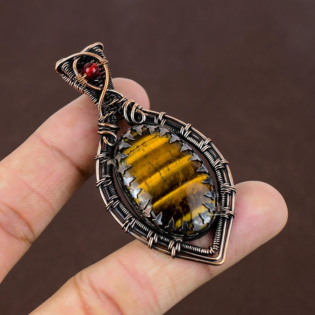 Natural Tiger Eye, Garnet Gemstone Handmade Copper Wire Wrap Pendant 2.76" A9U88