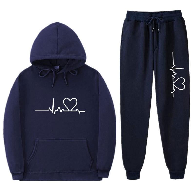 Unisex Oversized Hooded Sweatshirt Set With Heart Print Fleece Lined Casual Sportswear Fall
