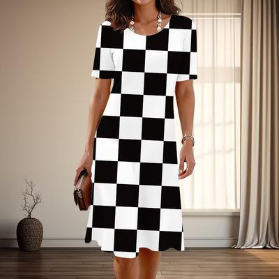 Women's Fashion Graceful Grid Pattern Print Summer Spring Short Sleeve O-Neck Casual Dresses