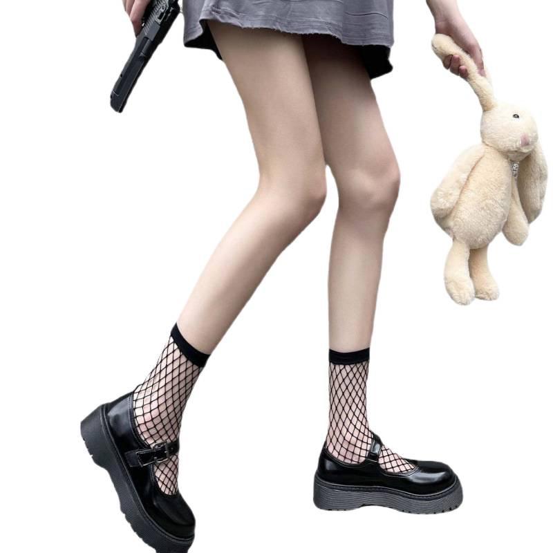 Women's Black Sexy Mesh Fishnet Ankle Socks - Spring/Summer Transparent Grid Design