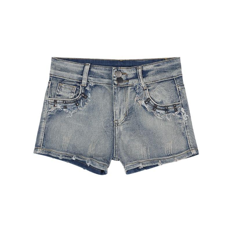 2024 Women's Low-Waist Denim Shorts - Blue Raw Edge, Tight Hip Straight Fit