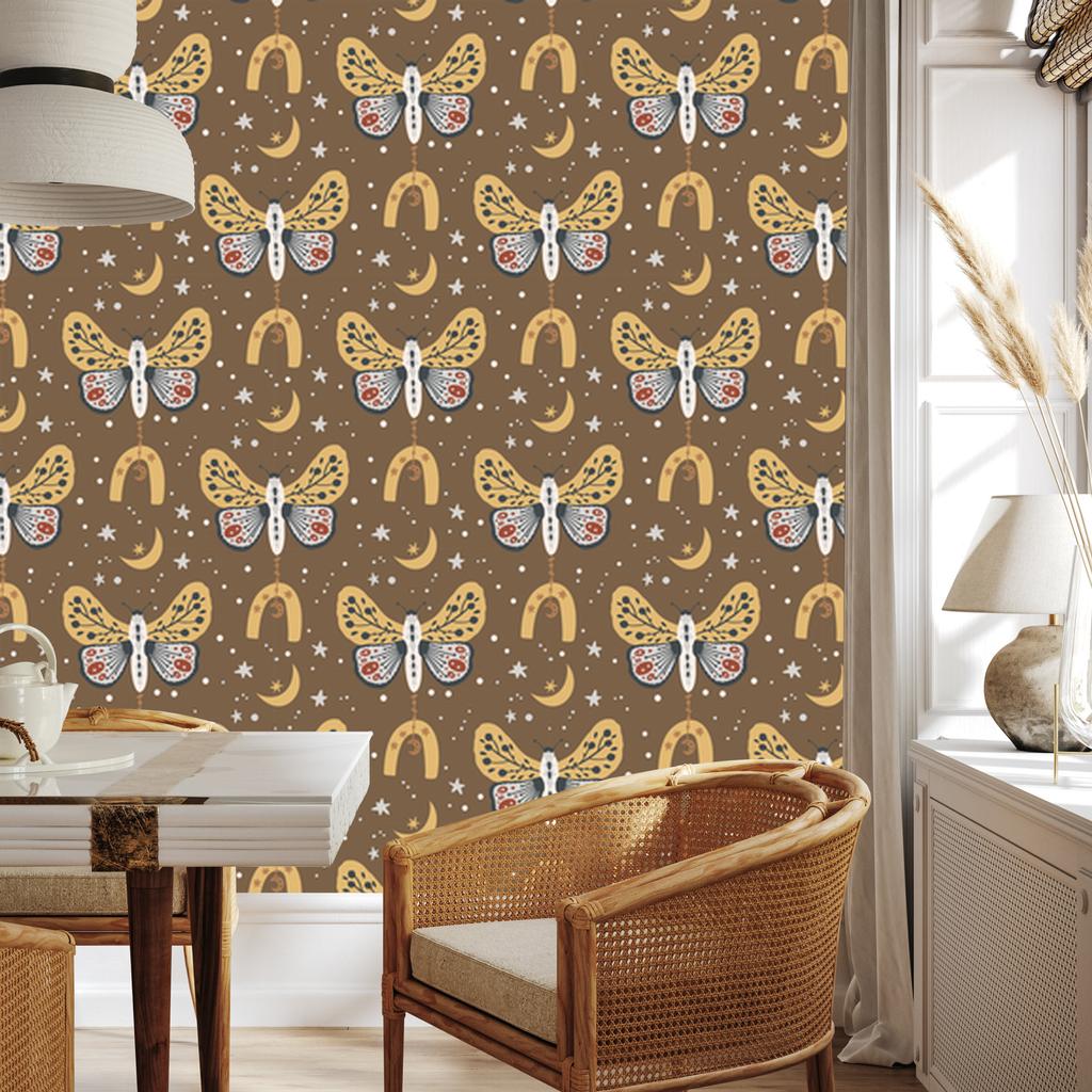 Rainbows and Butterflies Boho Wallpaper Ochre and Gold for Living Room and Bedroom 50x1000