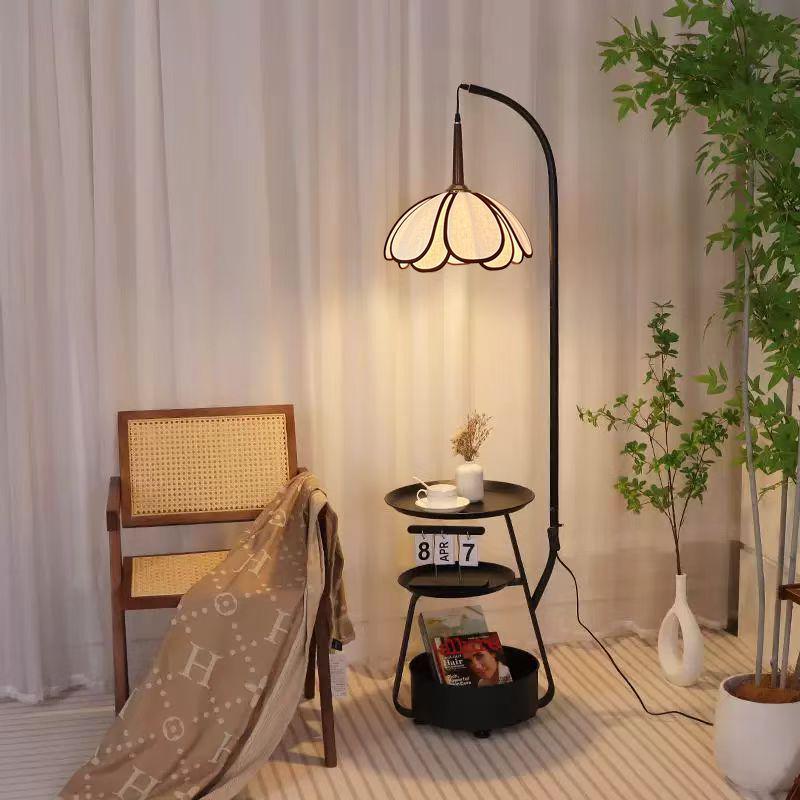 Chinese-Inspired Floor Lamp with Side Table and Storage, Perfect for Living Room Décor