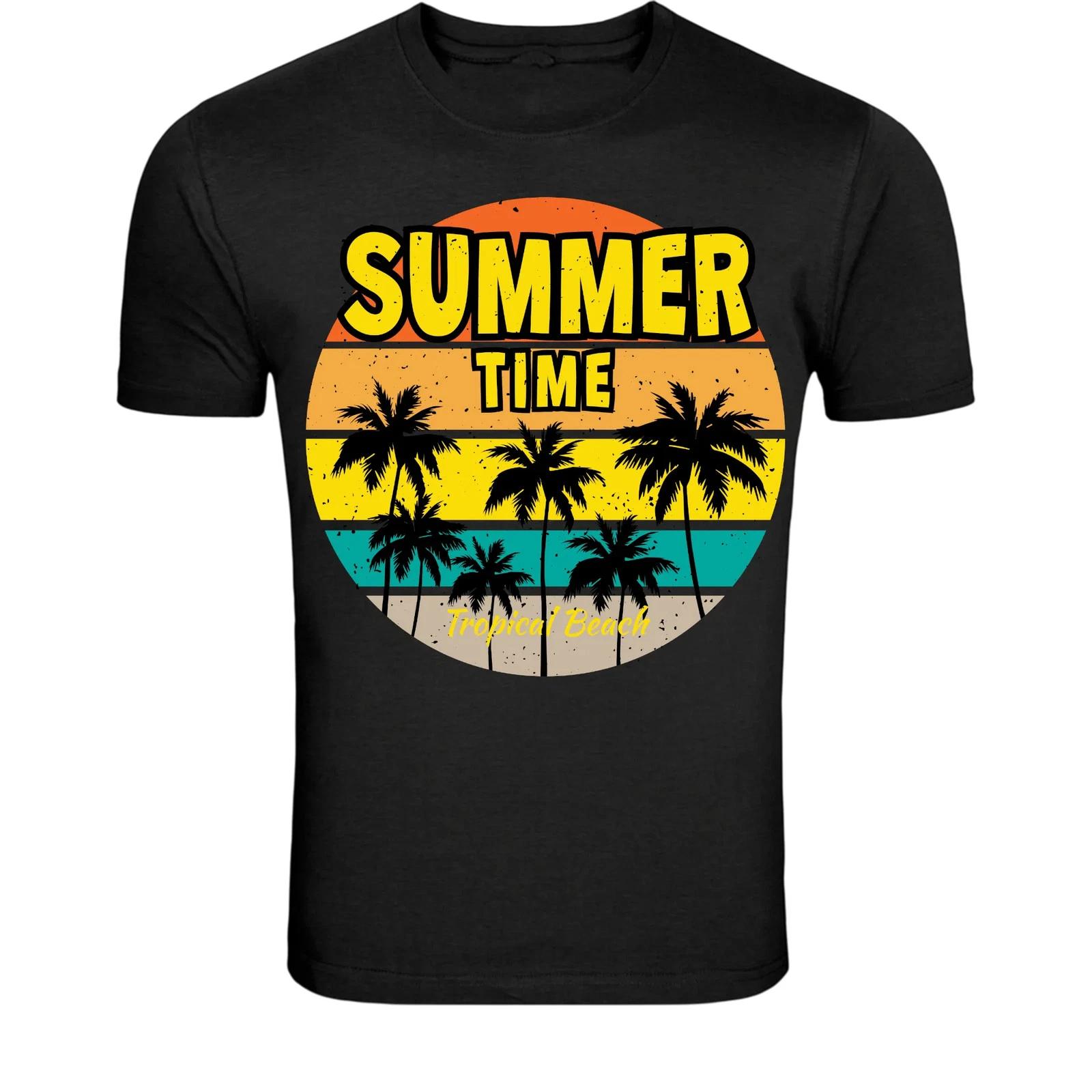 Summer Time Tropical Beach T-Shirt - Vintage Palm Sunset Graphic S