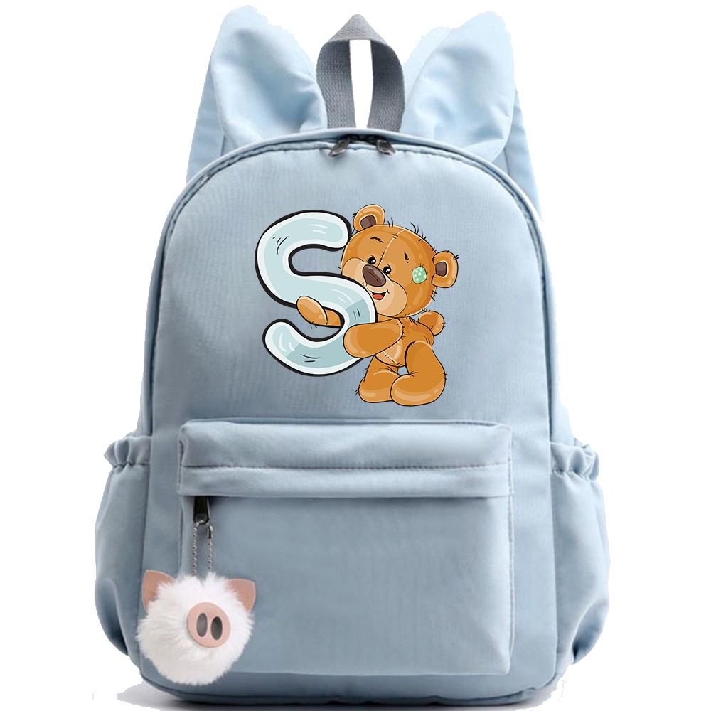 Little Bear 26 English Letters Backpack Printed School Bag for Teenager Kid Boy Girl Student Cartoon Bookbag Outdoor Rucksack