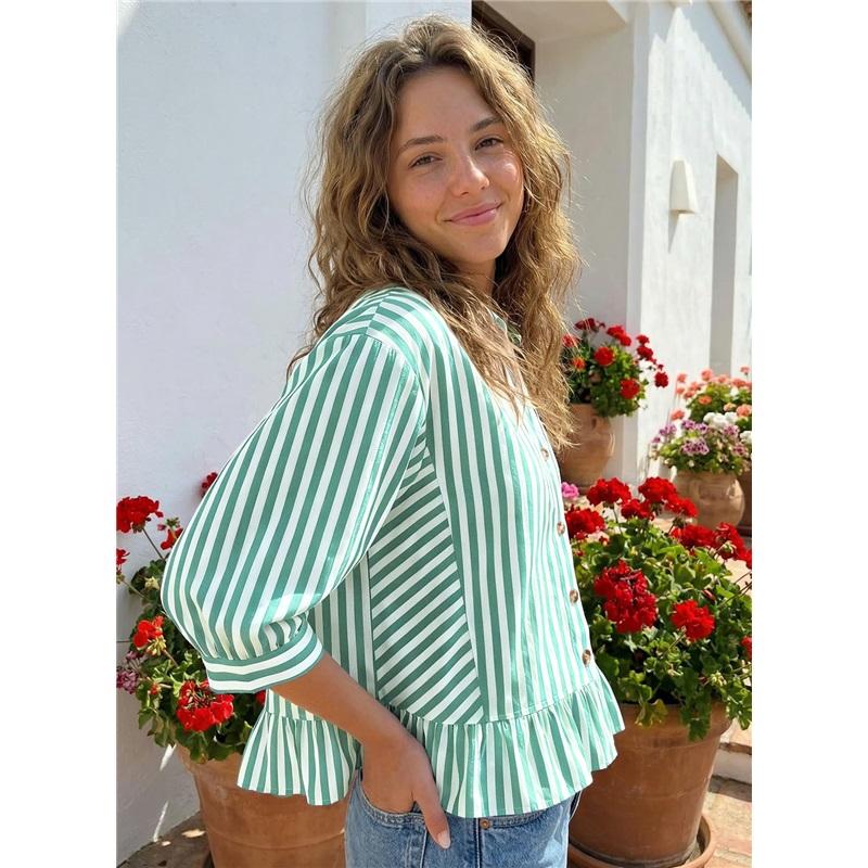 Casual Button Seven Quarter Sleeve Commuting Striped Shirt