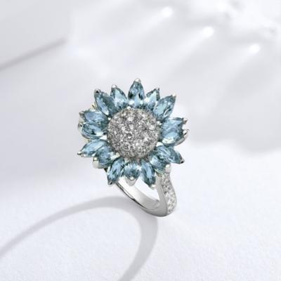 Anello da Donna Nuziale Lucido Zirconia Cubica Incastonata Decorazione Geometria Scintillante Bianco Acquamarina Forma Girasole