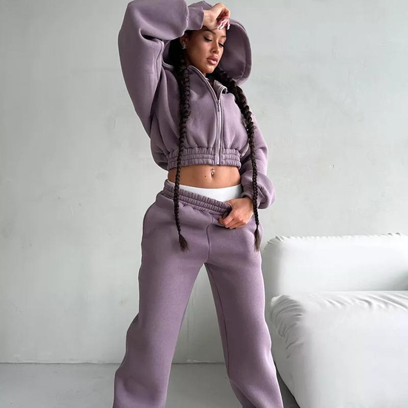Casual women's suit European and American hoodie long-sleeved zipper cardigan sweater sports elastic trousers two-piece set