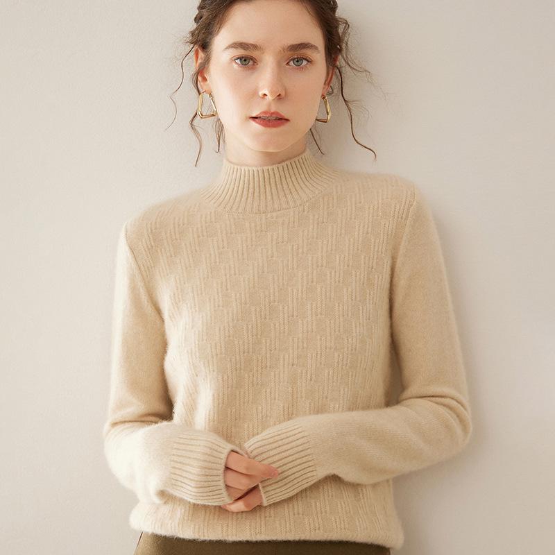 Women's Cashmere Knit Pullover: Vertical Stripe, Half-High Collar, Thickened, Warm, Long-Sleeved, Solid Color Base Layer