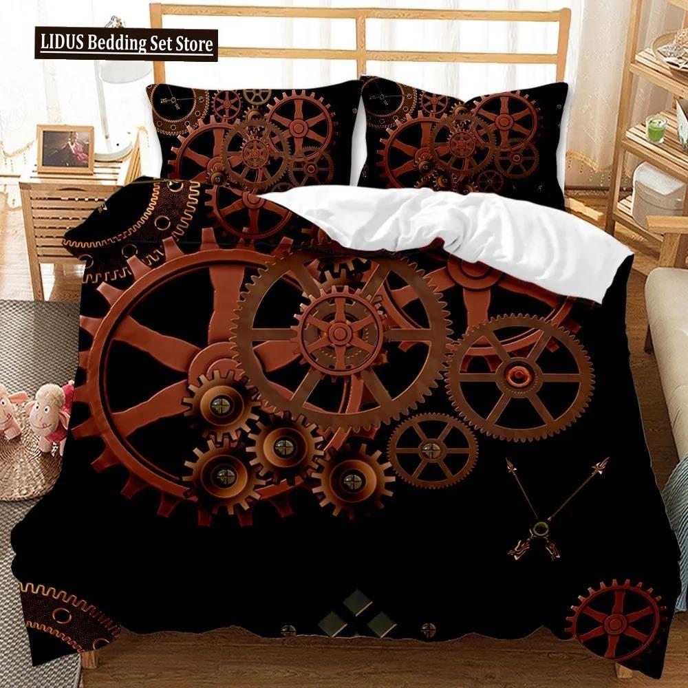 Mechanical Gear Duvet Cover Set Steampunk Style Bedding Set Clocks Polyester Comforter Cover Men Mechanical Device Bedclothes