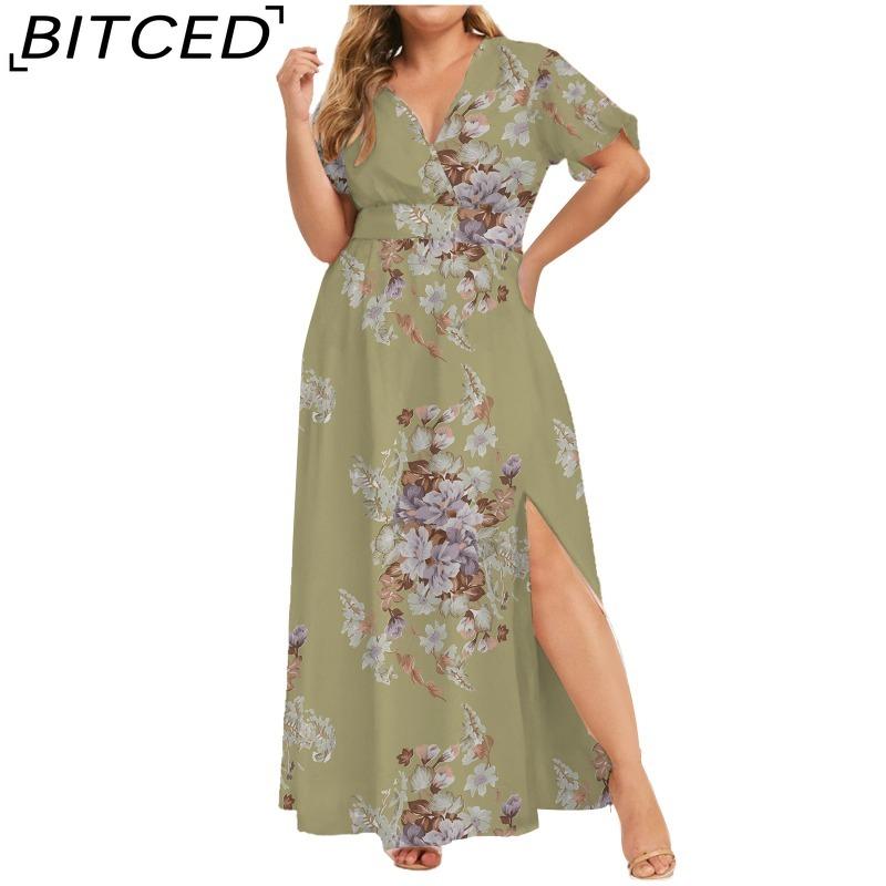 

BITCED L-5XL Женская мода лето весна короткий рукав V-образный вырез повседневные платья XXXXXL кадмия зеленый