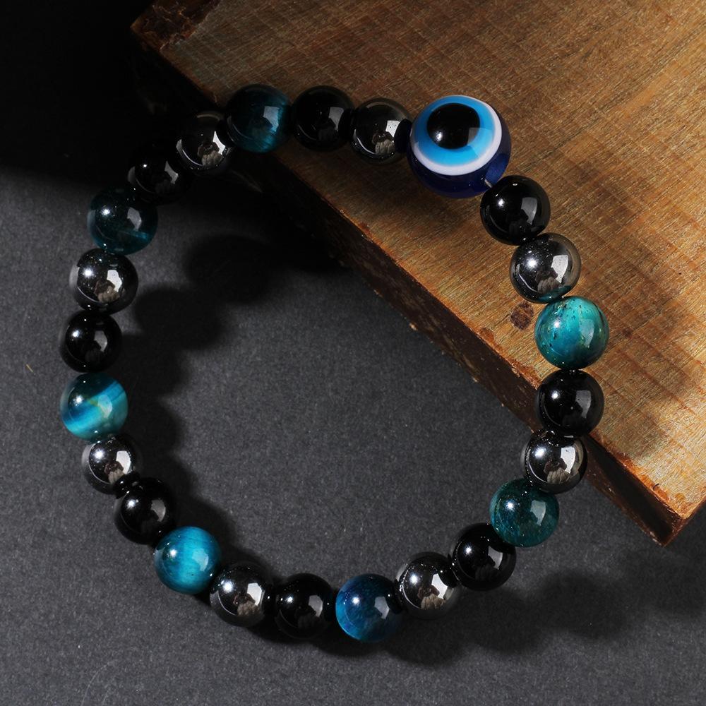 Triple Protection Bracelet  Blue Tigers Eye Black Bile Obsidian Evil Eye Beaded Bracelet Handmade Stretch Beaded Bracelets