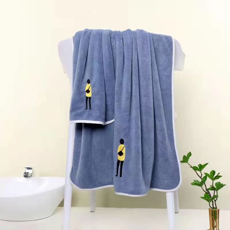 High-density Coral Fleece Embroidered Bath Towel Towel Two-piece Set Soft and Quick-drying Absorbent Beach Towel Cute Household Wrap Towel