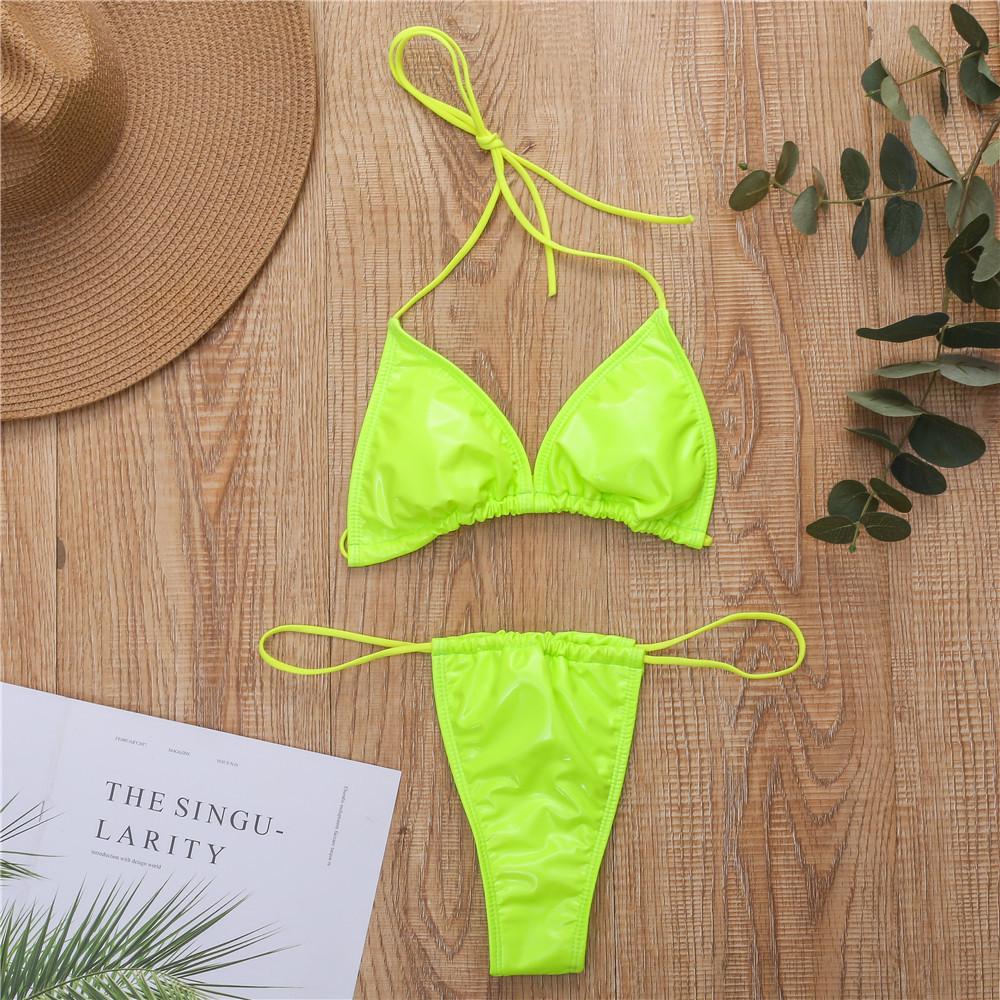 Nuovo tessuto in pelle brillante tinta unita coppa a triangolo spallina sexy costume da bagno bikini