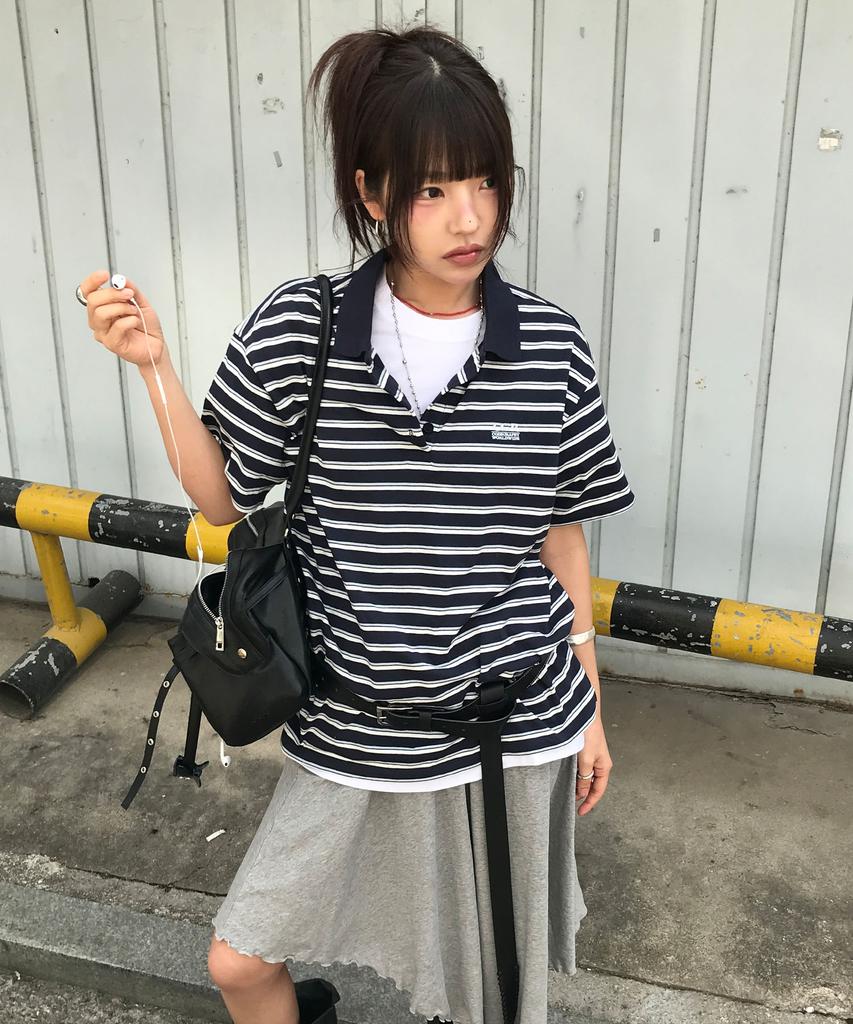 CGP (Women) Oversized Striped Short Sleeve Collared T-Shirt - Dark Navy