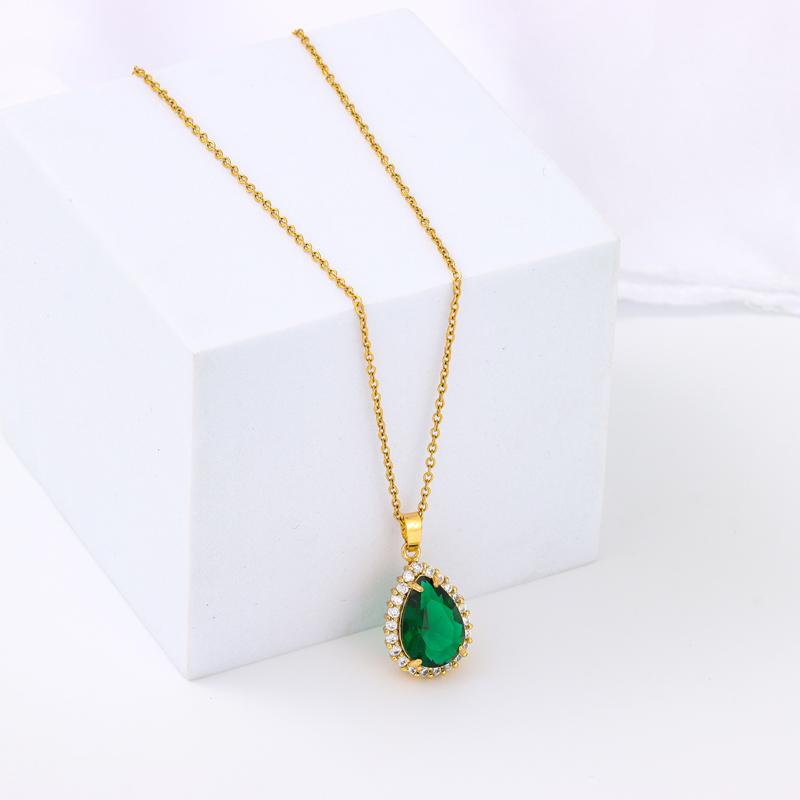 New in Vintage Light Luxury Green Water Drop Zircon Crystal Pendant Necklace for Women Elegant Female Stainless Steel Neck Chain