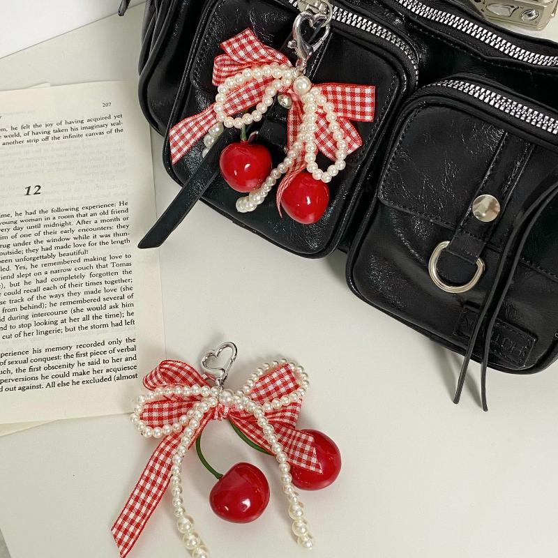 Kersen Ruit Strik Sleutelhanger Parel Kant Bedel Hanger Sleutelhanger Sieraden Voor Meisje Vrouwen Cadeautas Decoratie