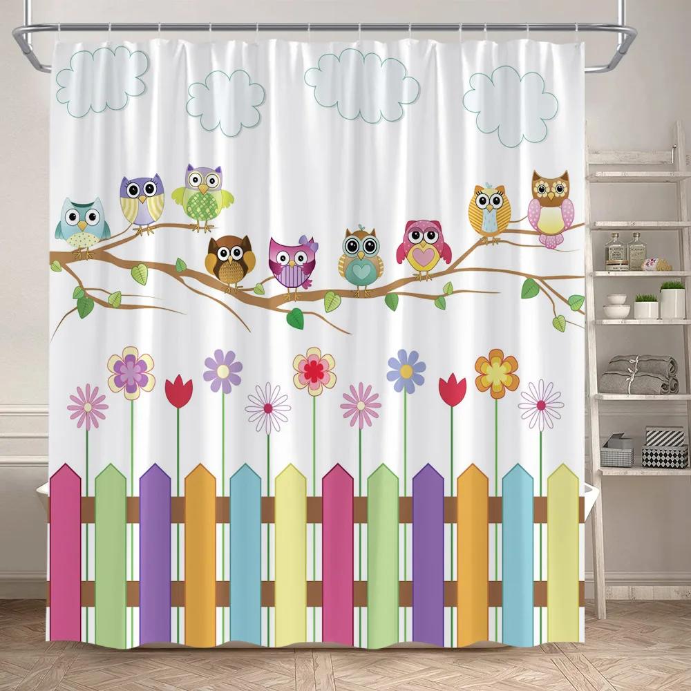 Funny Cartoon Animals Shower Curtains Cute Panda Owl Pet Cat Kids Bath Curtain Polyester Fabric Children Home Bathroom Decor Set