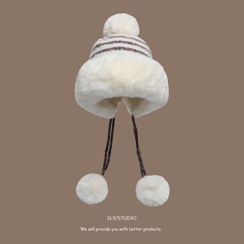 Women's Wool Hat In Autumn and Winter Cute Wool Ball Ear Protection New Plush Warm Lei Feng Hat Ball Lace Knitted Hat