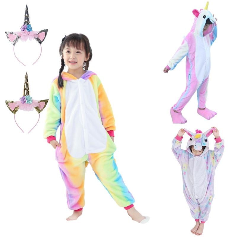 Fluffy Flannel Unicorn Hooded Pajamas Jumpsuit For Kids Winter