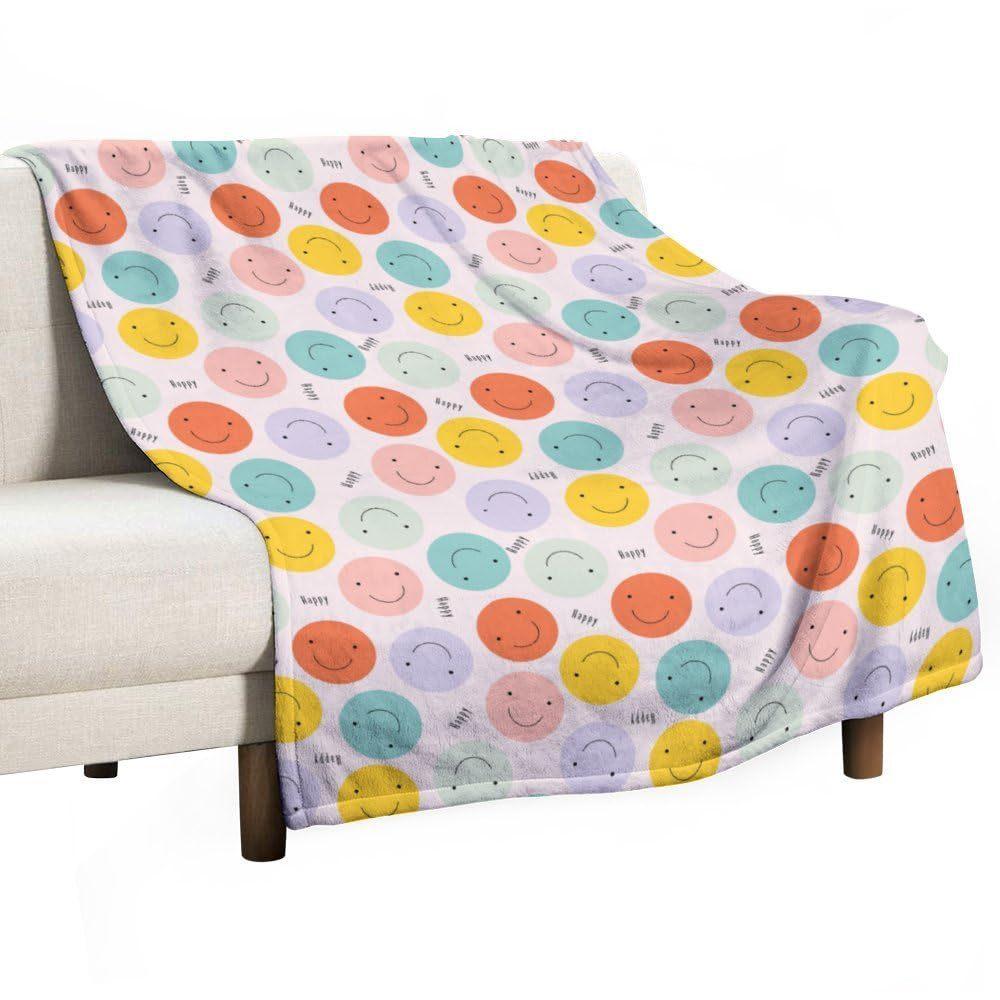 Happy Smiley Face Flannel Blanket Lunch Break Blanket Holiday Gift Pink Checkerboard Print
