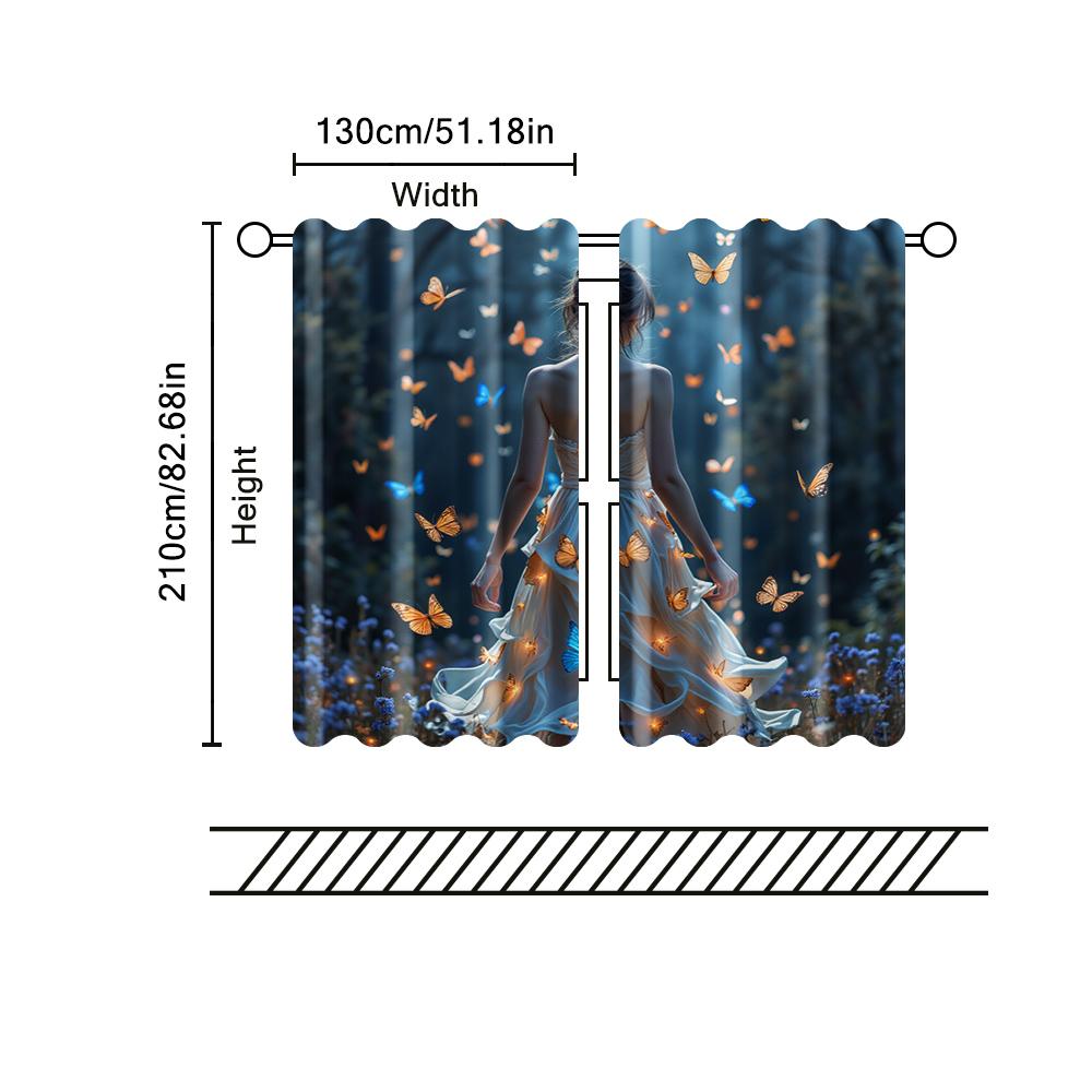 2 pcs   filtering curtains (excluding rods   non-movable   without batteries) Serene Woman with Butterflies for use in bedrooms and