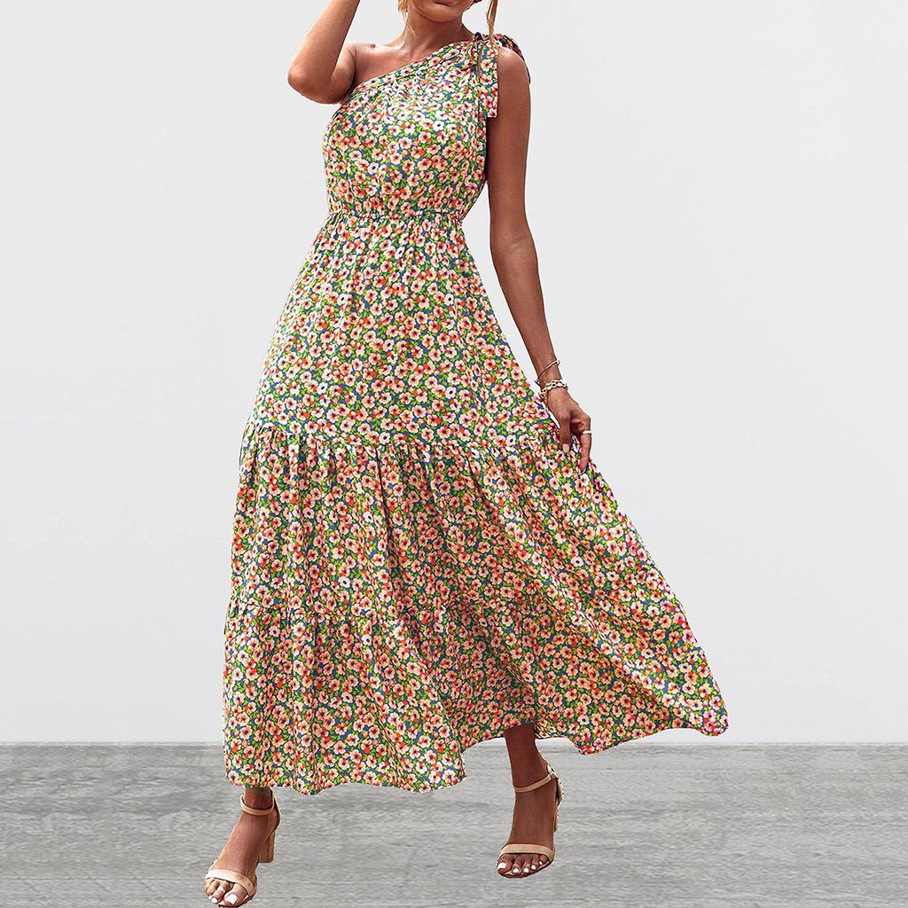 Women's Single Shoulder Bohemian Floral Dress Beach Vacation Hem Long Dress