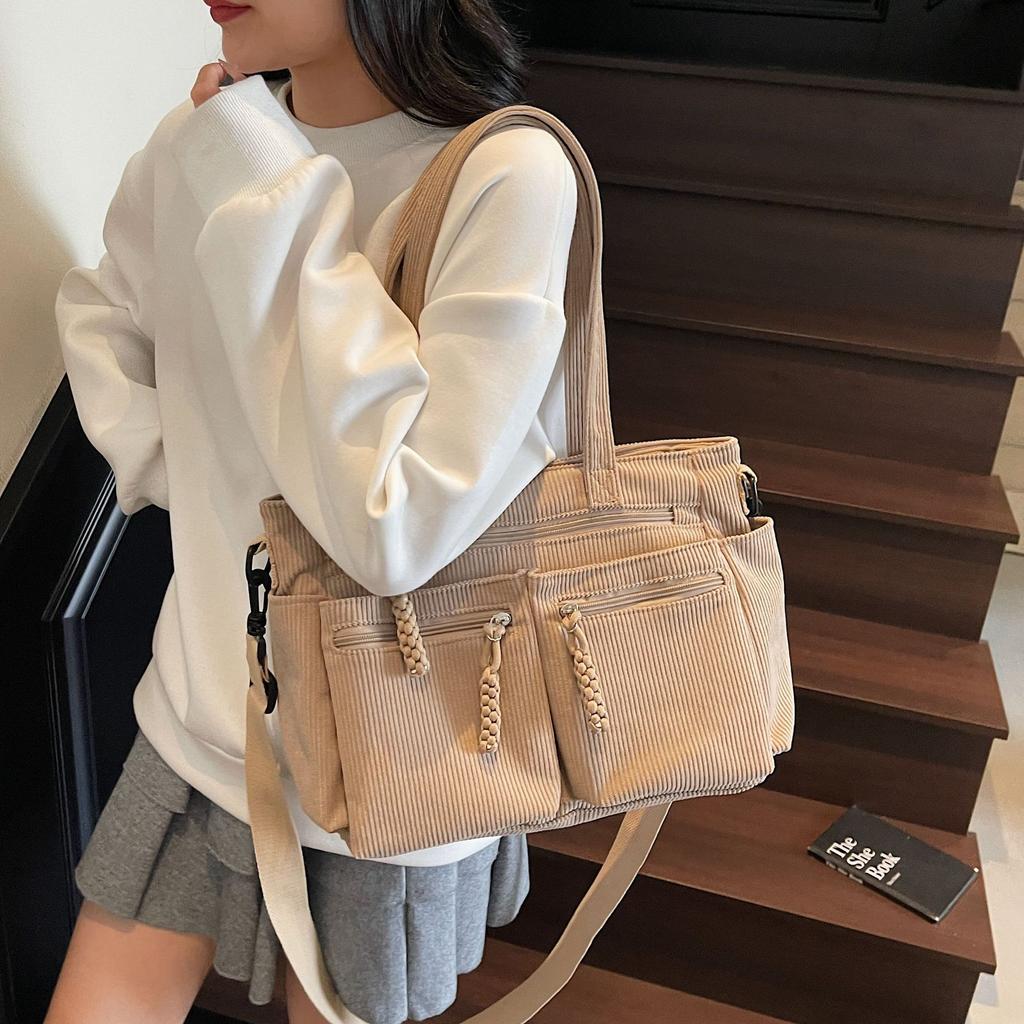 Corduroy Simple Poop Carrying Shoulder Bag for Women Adjustable Shoulder Strap Crossbody Bag Large Capacity Commuting Handbag